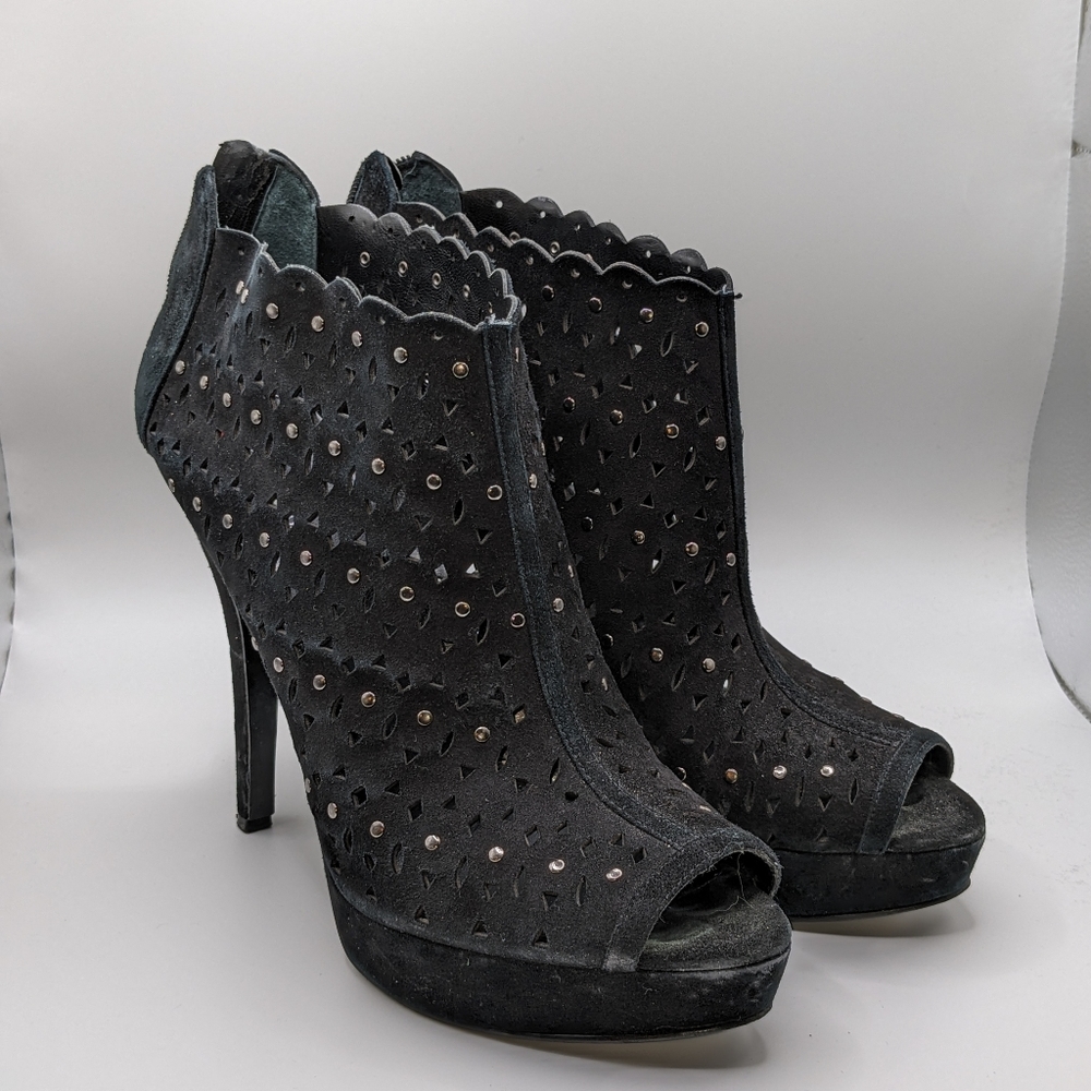 Enzo Angiolini | Laser Cut Bootie Studded Peep Top Zip Black SIZE 10